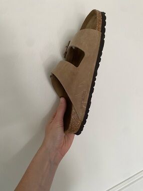 BirkenstockTwo-Strap Suede Sandal in Taupe